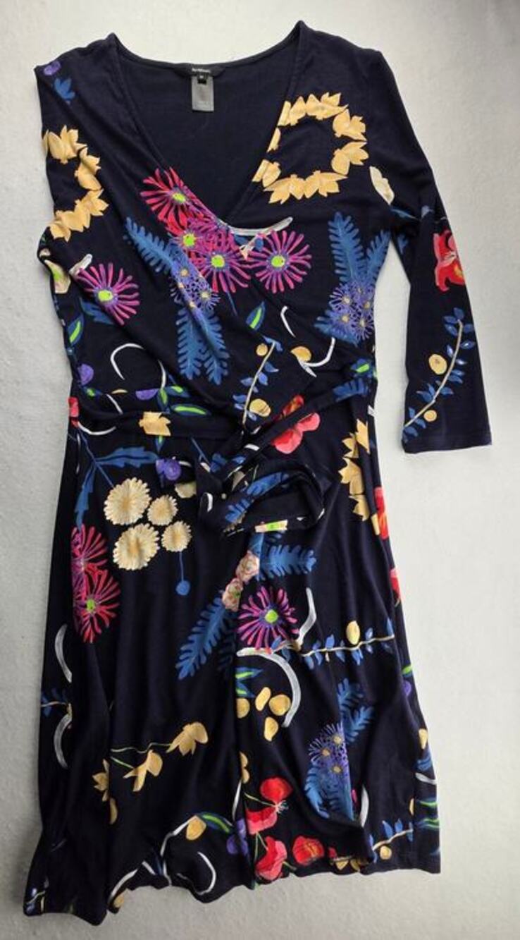Desigual Floral V Neck Long Sleeve Wrap Day Dress Black Size Medium